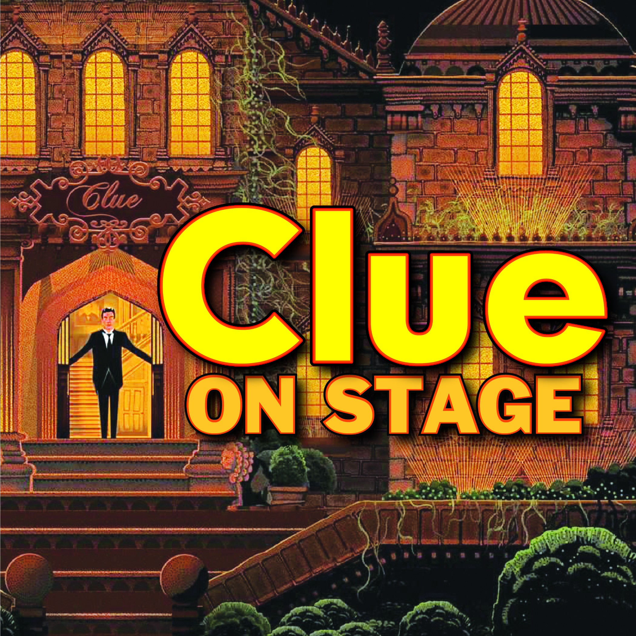 An illustrated image shows a large orange brick mansion, covered in ivy. The lights are all on, streaming through the windows. A man in a butler outfit stands at the door. 