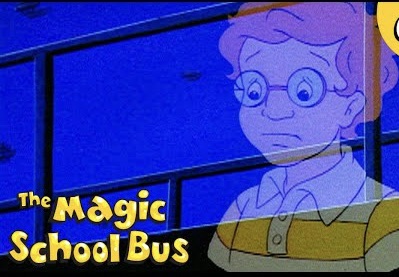 A still from the cartoon “Magic School Bus” where Arnold is mostly see-through and looking concerned.  