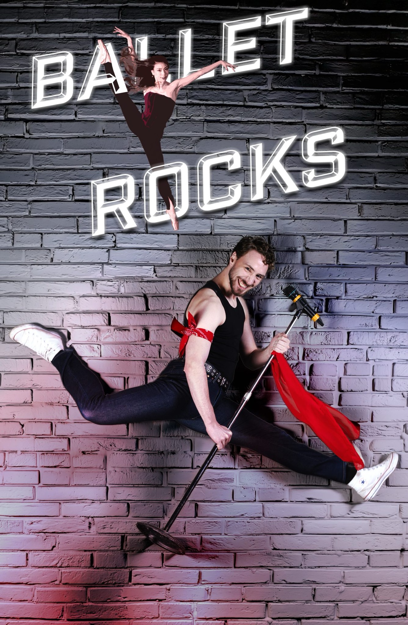 Against a brick wall, the text of the show is above two dancers, each caught in a dramatic mid-leap. The male dancer holds a mic on a stand. 