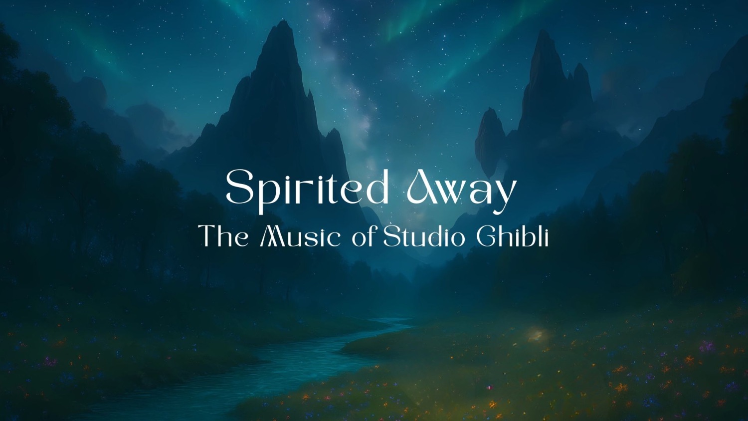 A soft, magical looking landscape with pointy mountains, a creek, and a lush green field. The title of the show is above. 