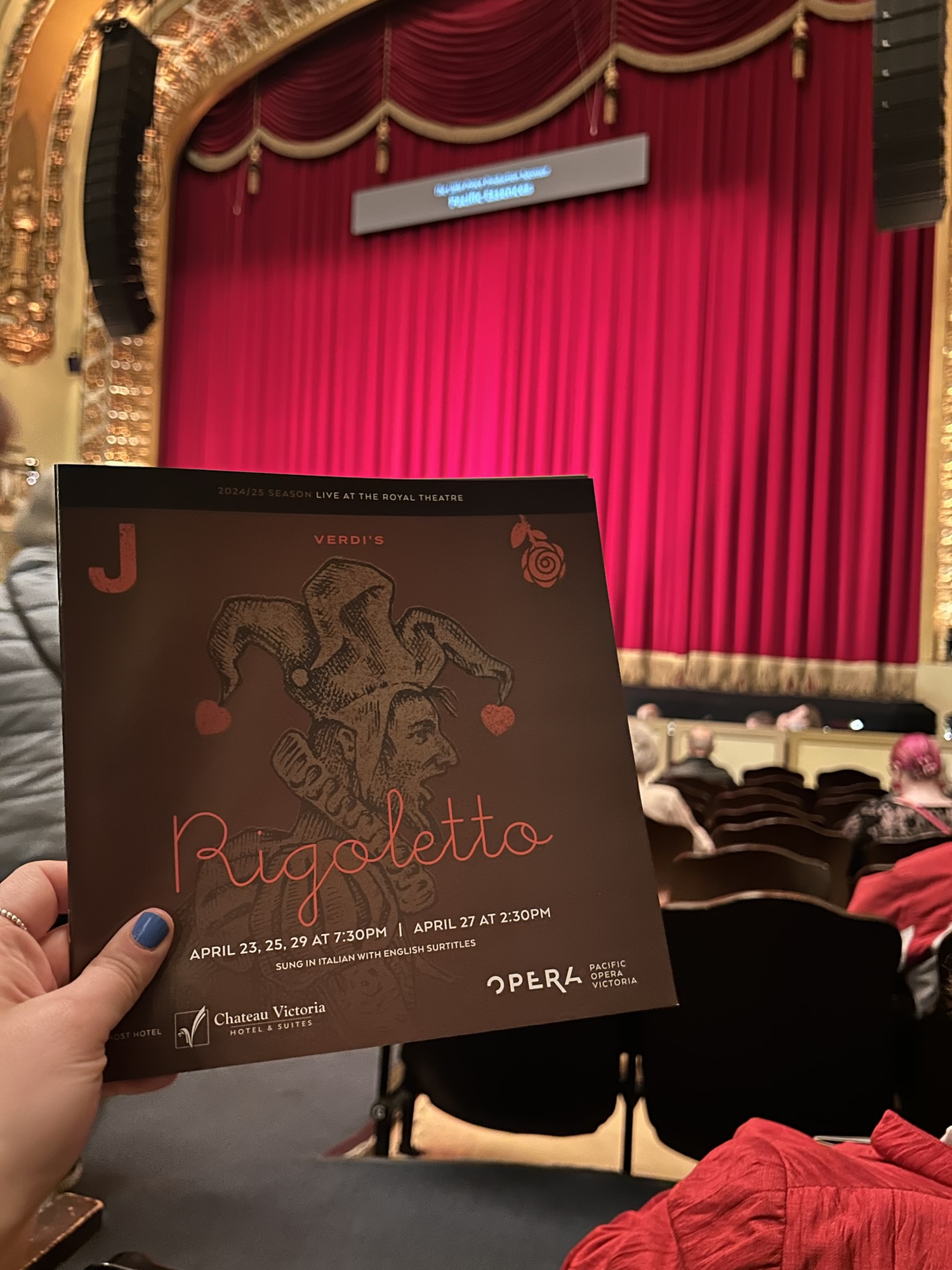 A hand holds the Rigoletto program against the red curtain of the royal theatre. 