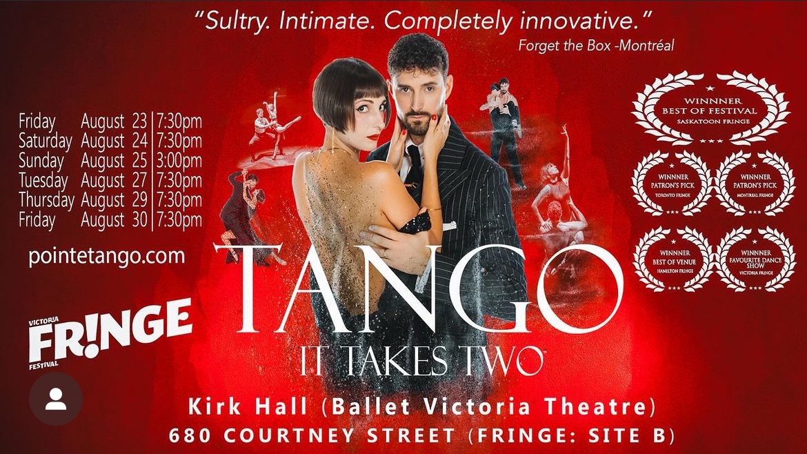 The poster for Tango: It takes two.  The background is red. They have a number of awards listed on the side. In the centre is the duo, looking out at the camera.