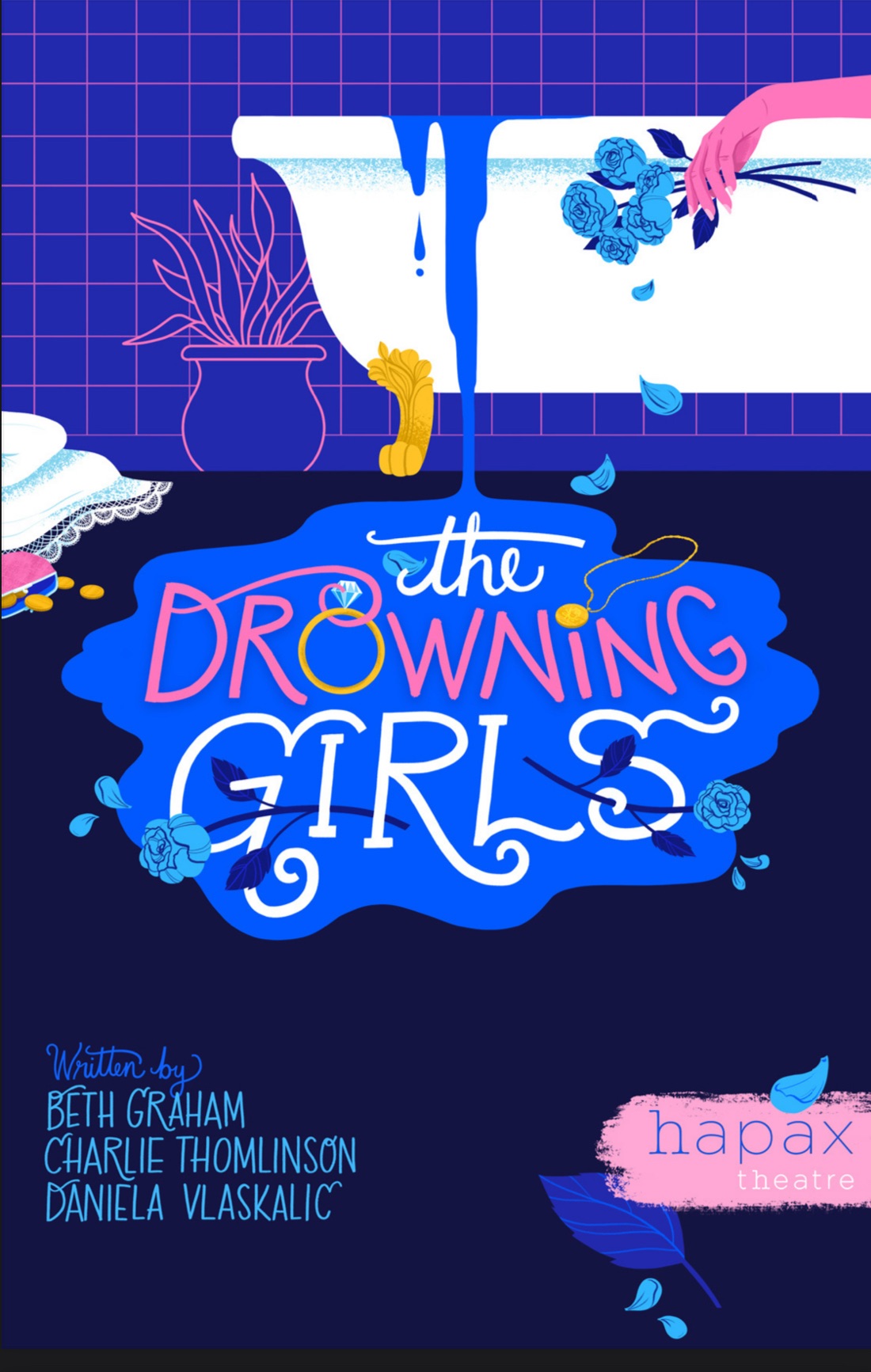 The drowning girls poster. It's a blue toned bathroom with a pink arm hanging out of a white claw footed bathtub. The name of the show appears in curly font in a puddle of water.