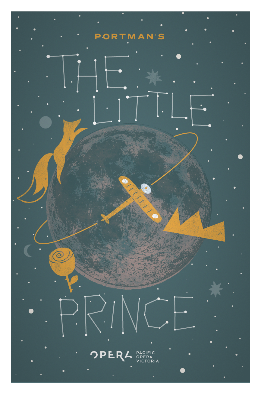 The little prince poster - an illustrated small planet with a stylized crown, flower, fox, and airplane floating above.