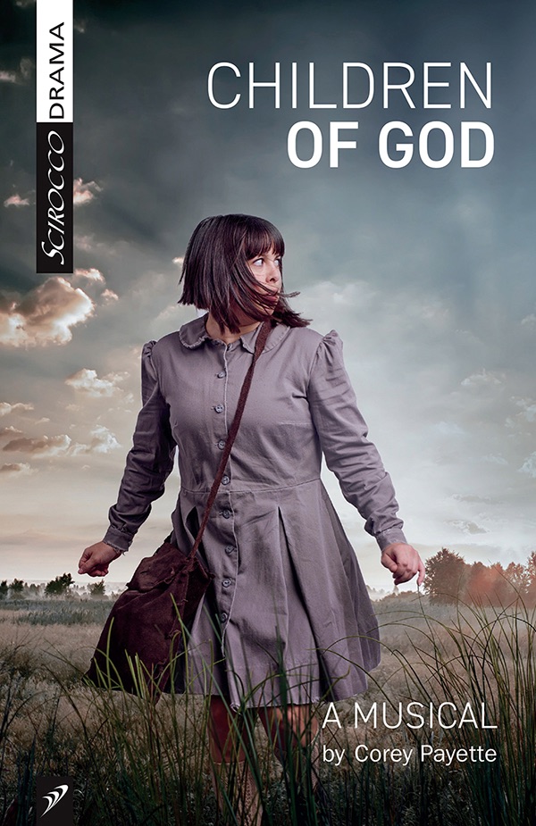 The cover for children of god. A young woman in a grey dress looks frightened over tot he side.
